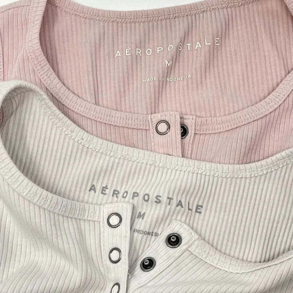 Aeropostale Y2K Ribbed Knit Henley Cropped Tank Top Lot of 2 Stretch Size Medium - Picture 7 of 9